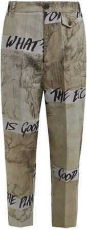 Glen Check And Graffiti Print Cotton Trousers - Womens - Grey Multi