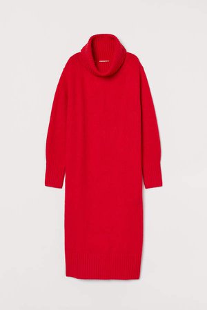 Knit Cowl-neck Dress - Red