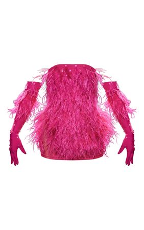 Premium Pink Feather Bandeau Glove Bodycon Dress | PrettyLittleThing USA