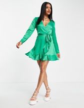 Topshop jacquard wrap mini dress in green | ASOS
