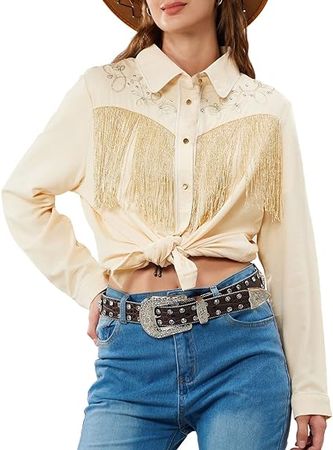 JOHN MOON Women's Fringe Western Button Down Shirts with Studs Floral Embroidered Cowgirl Tops Country Style Snap Blouses at Amazon Women’s Clothing store