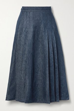 Lerna Pleated Linen-chambray Midi Skirt - Dark denim