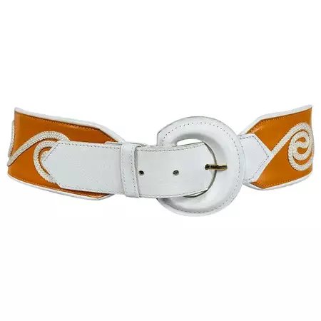 Christian Dior White and Golden Yellow Cord Applique Wide Leather Belt M-L 1990s For Sale at 1stDibs