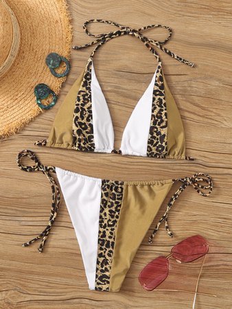 Contrast Leopard Halter Top With Tie Side Bikini Set | ROMWE