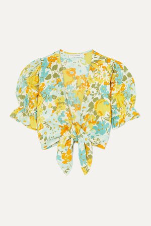 Yellow Jamais cropped tie-front floral-print linen top | Faithfull The Brand | NET-A-PORTER