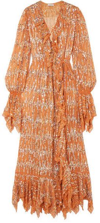 Ruffled Sequin-embellished Chiffon Wrap Maxi Dress - Beige