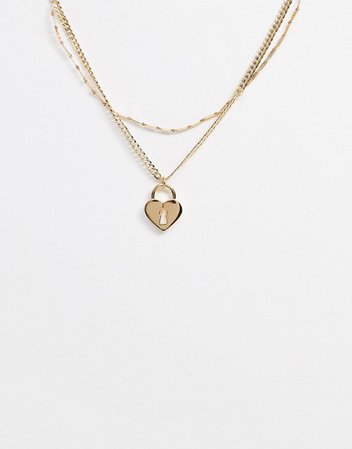 ASOS DESIGN multirow necklace with heart padlock pendant in gold tone | ASOS