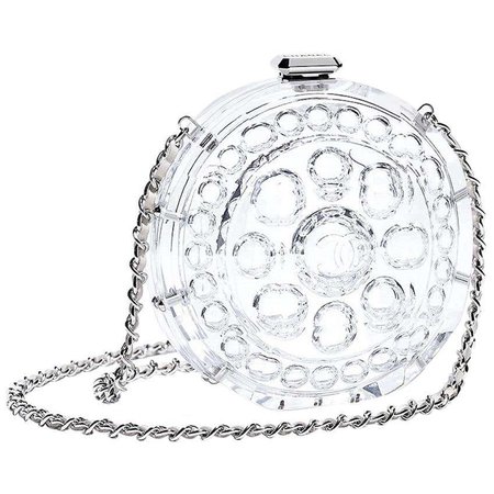 Chanel Runway Small Clear Plexi Round Silver Leather Evening Clutch Shoulder Bag For Sale at 1stDibs
