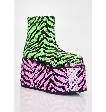 Y.R.U. Qomet Zebra Flip Sequin Platform Boots | Dolls Kill
