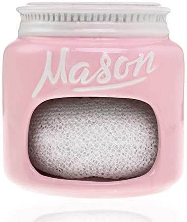 Amazon.com | Pink Ceramic Mason Jar Kitchen Sink Sponge Holder – Modern Farmhouse Kitchen Accessories - Vintage Decor - Dishwashing and Cleaning Organizer - Sink Caddy Gift for Family, Friends, and Collectors: Condiment Pots
