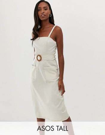 ASOS DESIGN Tall square neck linen midi sundress with wooden buckle & contrast stitch | ASOS