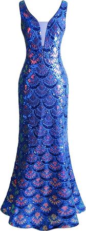 Angel-fashions Women's V Neck Splicing Tulle Pattern Sequin Elegant Long Mermaid Prom Dress Royal Blue Small at Amazon Women’s Clothing store