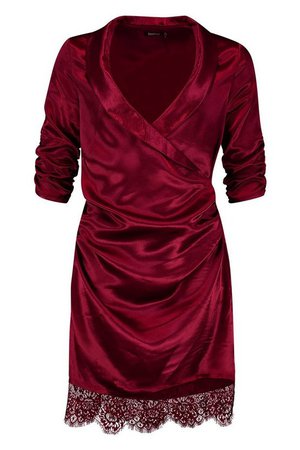 Satin Lace Trim Shirt Dress | Boohoo burgundy