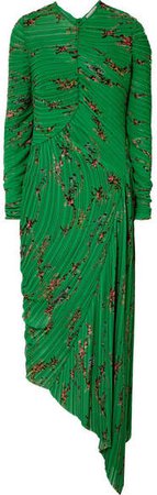 Teresa Asymmetric Floral-print Plissé-georgette Midi Dress - Green
