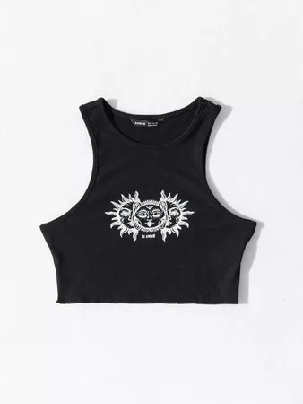 black Abstract Sun And Letter Graphic Crop Tank Top | SHEIN USA