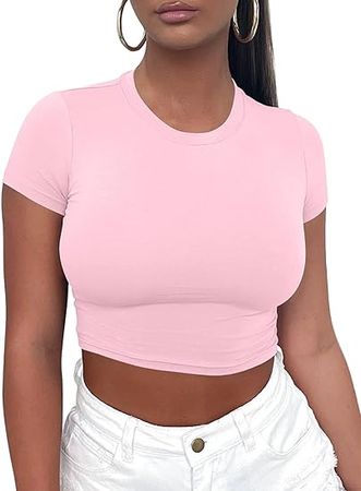 Kaximil Women's Basic Tight Shirts Short Sleeve Crew Neck Sexy Crop Tops Teen Girls at Amazon Women’s Clothing store