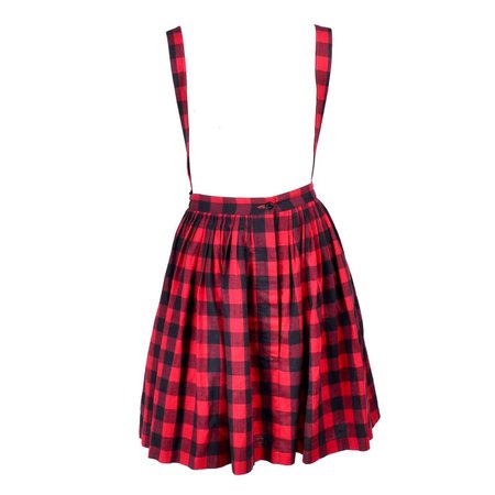 1980s Norma Kamali Vintage Black and Red Plaid Vintage Skirt Jumper w Suspenders For Sale at 1stDibs