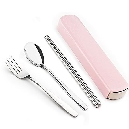 K-Steel 3PCS Portable Flatware Spoon Fork Chopsticks Tableware Set 304 Stainless Steel Dinnerware Silver with Travel Box