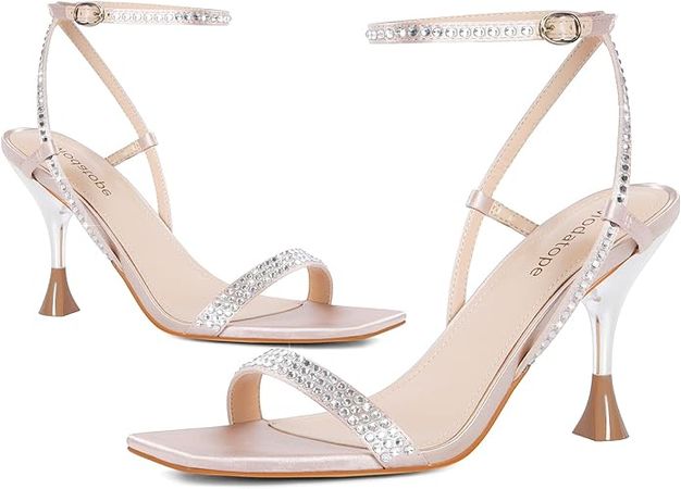 Amazon.com | Modatope Nude Strappy Heels Women Square Open Toe Stiletto High Heels Rhinestone Strappy Sandals for Women Prom Heels Size 6 | Heeled Sandals