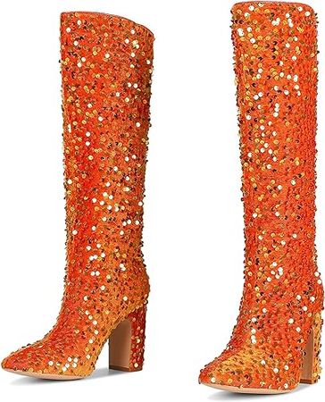 Amazon.com | Cossansan Knee High Boots Women -GoGo Boots Sparkly Sequin Womens Boots Square Toe Pull On Boots for Women Chunky Heel Thigh High Boots Fashion Dress Heeled Boots Costume Disco Halloween Party Shoes | Knee-High