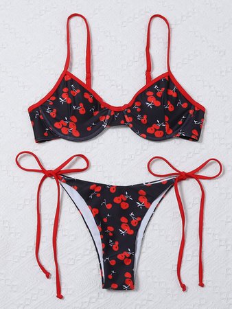 Cherry Print Underwire Tie Side Bikini Swimsuit | SHEIN USA