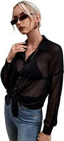 SweatyRocks Women's Casual Chiffon Sheer Blouse Bishop Sleeve Collar Button Down Loose Shirts Tops at Amazon Women’s Clothing store