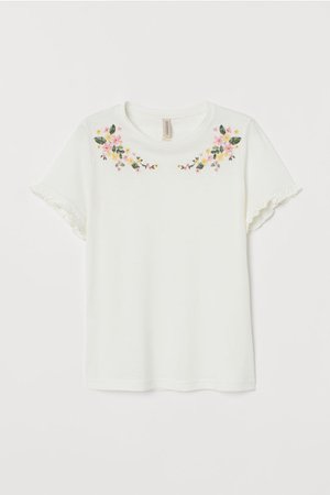 T-shirt with Embroidery - White/flowers - Ladies | H&M US