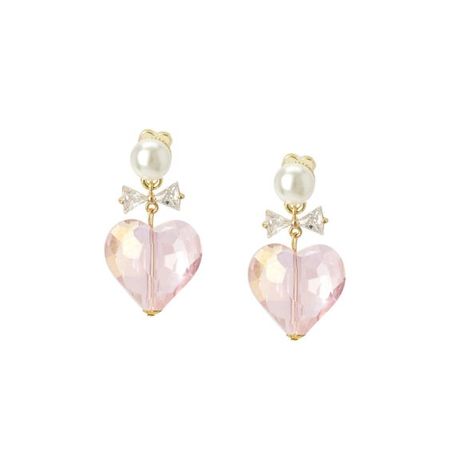 Whisper of Heart Crystal Bow and Faceted Heart Drop Earrings - Iridescent Pink