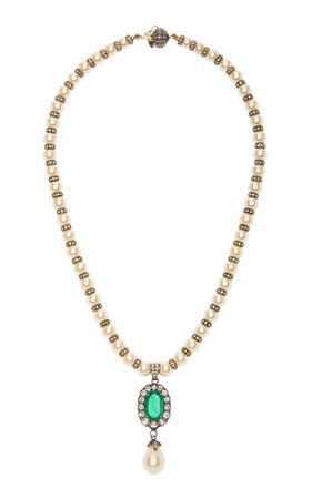 One-Of-A-Kind 14k Yellow Gold Pearl, Emerald, Diamond Necklace By Amrapali | Moda Operandi
