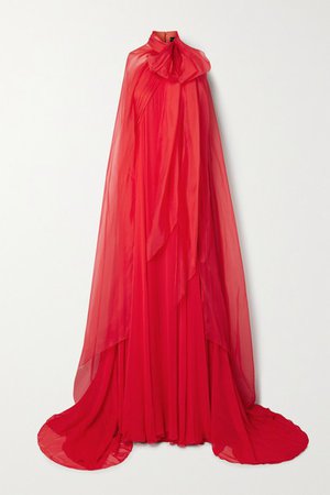 Cape-effect Silk-chiffon Gown - Red