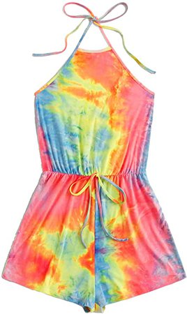 Amazon.com: MakeMeChic Women's Tie Dye Halter Neck Drawstring Waist Sleeveless Romper Jumpsuit Multi-6 S: Clothing