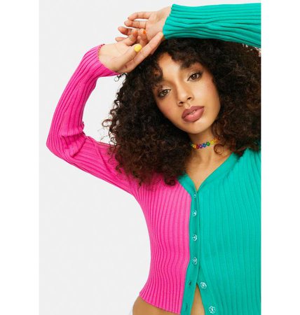 Delias Groovy Two Tone Ribbed Colorblock Cardigan - Teal Pink | Dolls Kill