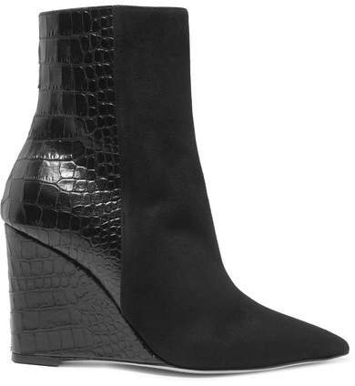 Kristen Suede And Croc-effect Leather Wedge Ankle Boots - Black