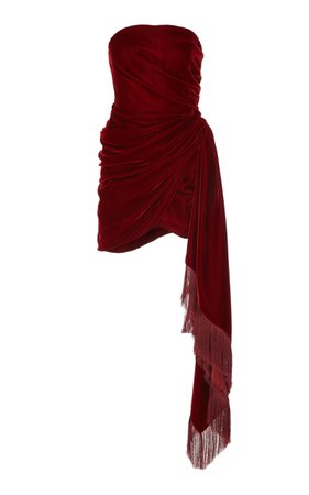 Oscar de la Renta, Red Strapless Fringe-trimmed Velvet Mini Dress