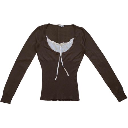 brown knit sweater top with attached white underlayer layer