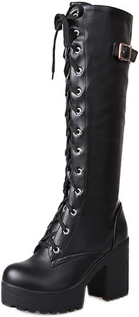 Amazon.com | TAONEEF Women Fashion Platform Knee High Boots Block Heels Long Boots Lace Up Winter Shoes High Heel Knee Boots Black Size 40 Asian | Knee-High