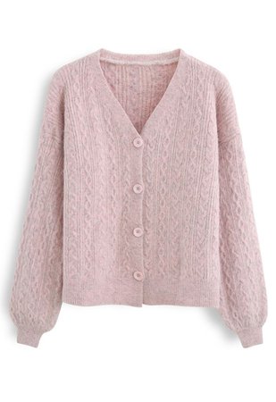Braid Buttoned Fuzzy Knit Cardigan in Pink - Retro, Indie and Unique Fashion