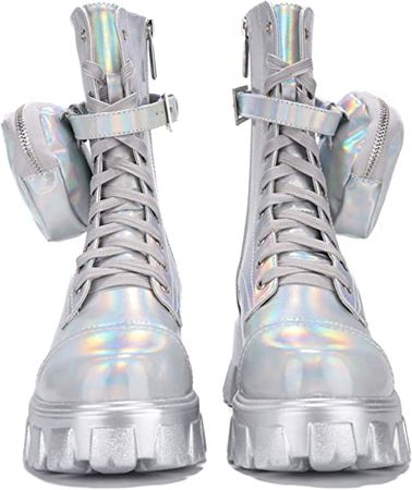 Amazon.com | Cape Robbin Monalisa Combat Boots for Women, Platform Boots with Chunky Block Heels, Womens High Tops Boots - Holographic Size 9 | Ankle & Bootie