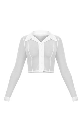 White Sheer Mesh Long Sleeve Crop Shirt | PrettyLittleThing