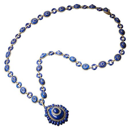 Veschetti 18 Karat Yellow Gold, Lapis Lazuli, Diamond Necklace For Sale at 1stDibs