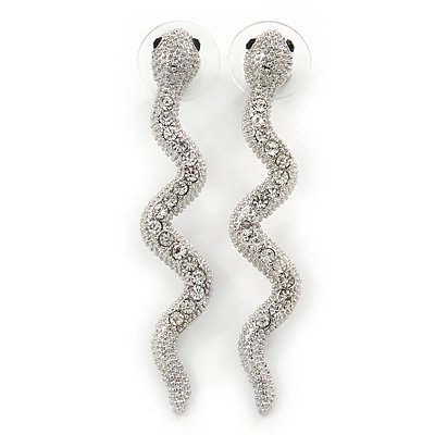 Clear Crystal Textured Snake Drop Earrings In Silver Tone - 50mm L - avalaya.com