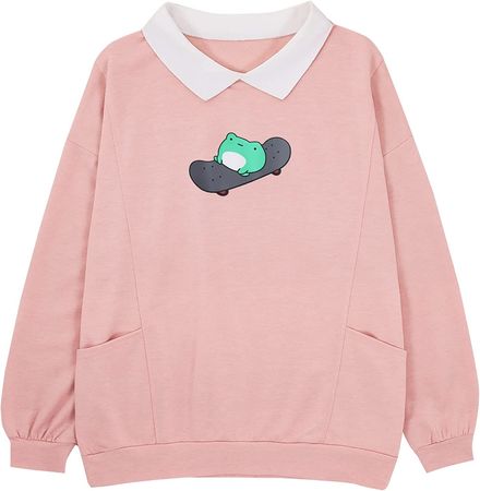 Women Frog Sweatshirt Graphic Aesthetic Oversize Pullover Clothes Kawaii Long Sleeve T-Shirt with Pocket at Amazon Women’s Clothing store