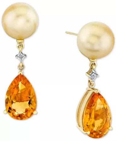 Macy's Cultured Golden South Sea Pearl (9mm), Citrine (5-3/4) & Diamond Accent Drop Earrings in 14k Gold
