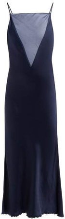 Marina Moscone - Organza Insert Satin Slip Dress - Womens - Navy