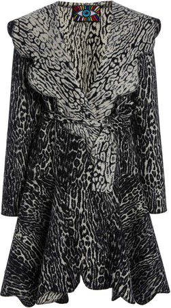 Libertine Belted Scallop-Trimmed Leopard-Knit Wool Coat