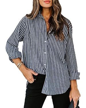 Paintcolors Stripes Button Up Shirts for Women Long Sleeve V Neck Cotton Tops Work Casual Blouses Tunics-Dark Gray S at Amazon Women’s Clothing store