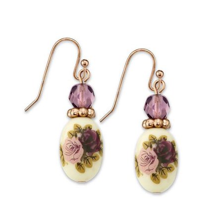 1928 Jewelry Rose Gold Tone Purple Crystal Bead Flower Drop Earrings