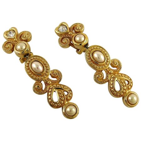 Dior Vintage Jeweled Heart Pearl Earrings