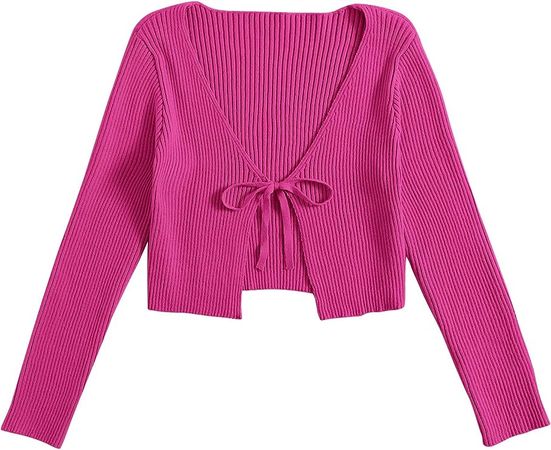 Floerns Women's Tie Front Long Sleeve Rib Knit Cardigan Crop Top Hot Pink L at Amazon Women’s Clothing store