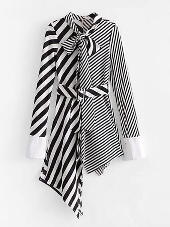 Self Tie Asymmetrical Stripe Splicing Dress